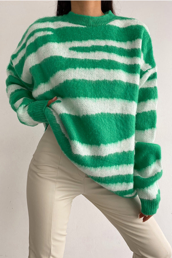 Kadın Yeni Sezon Zebra Desen Standart Beden Geniş Kalıp Oversize Triko Kazak - Yeşil