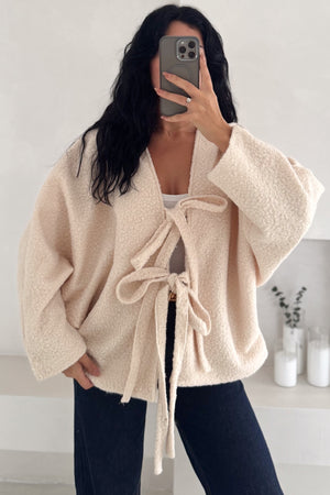 Bürümcük Bağlamalı Oversize Hırka Yarasa Kol Standart Beden - Krem