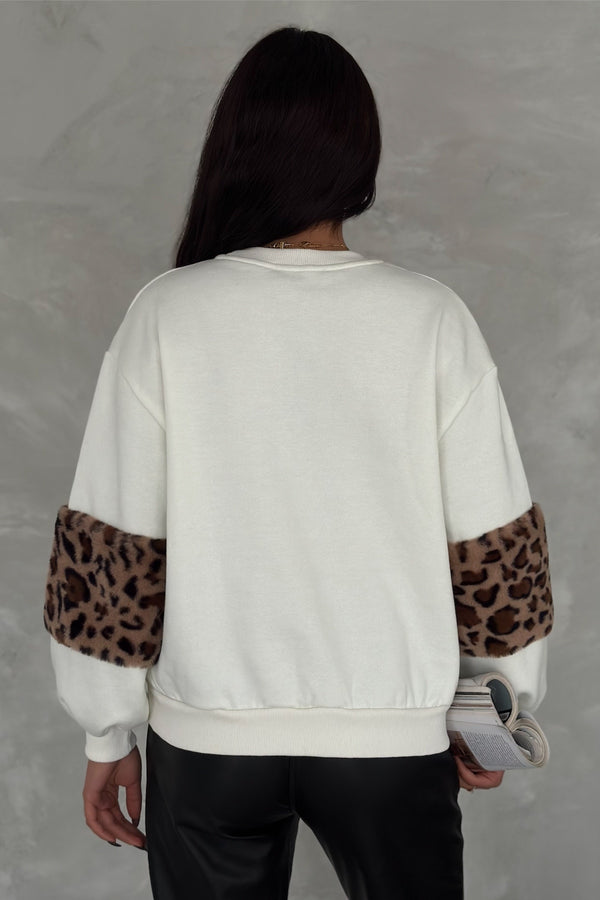 Kadın Kolları Leopar Detaylı İçi Pamuklu Oversize Sweatshirt - Beyaz