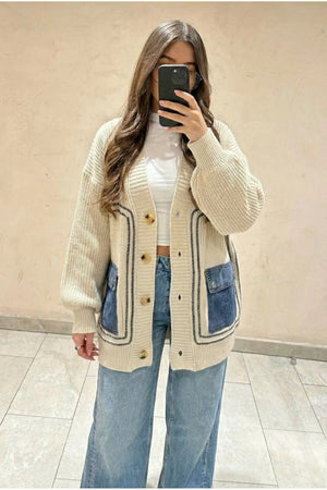 Kadın Standart Beden Düğmeli Kot Cepli Oversize Triko Hırka - Bej
