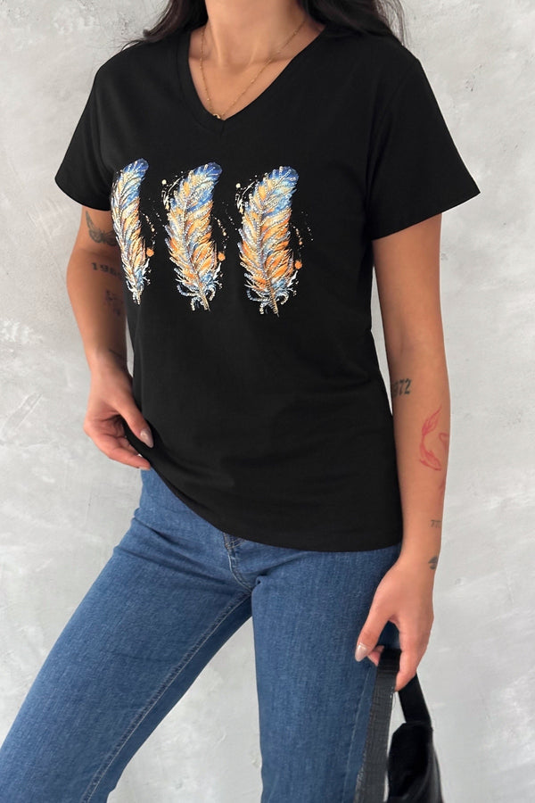 Kadın V Yaka 3 Tüy Pul Payet İşlemeli %100 Pamuk T-Shirt - Siyah