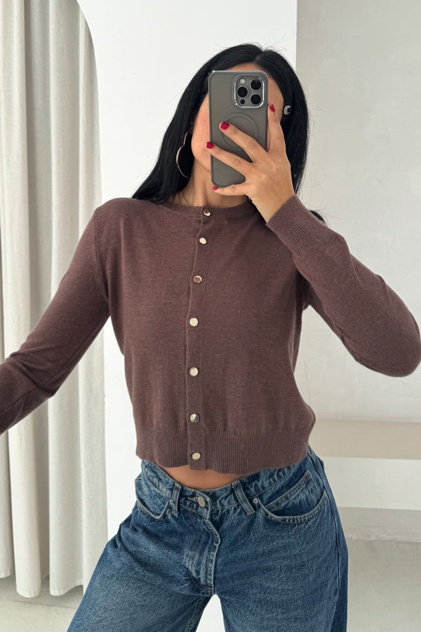 Kadın Düğmeli İnce Triko Hırka Standart Beden Basic Model Yumuşak Dokulu - Kahverengi