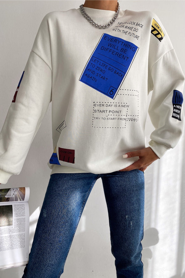 Kadın Düşük Omuz 3 İplik Şardonlu Oversize Pamuk Sweatshirt - Beyaz