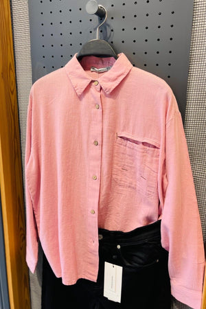 Oversize Pamuk Keten Gömlek Tek Cepli Basic - Gül Kurusu