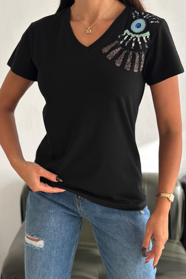 Kadın V Yaka Omzu Nakış Ve Pul Payet İşlemeli %100 Pamuk T-Shirt - Siyah