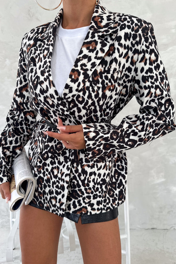 Kadın Leopar Desen Astarlı Blazer Ceket - Ekru