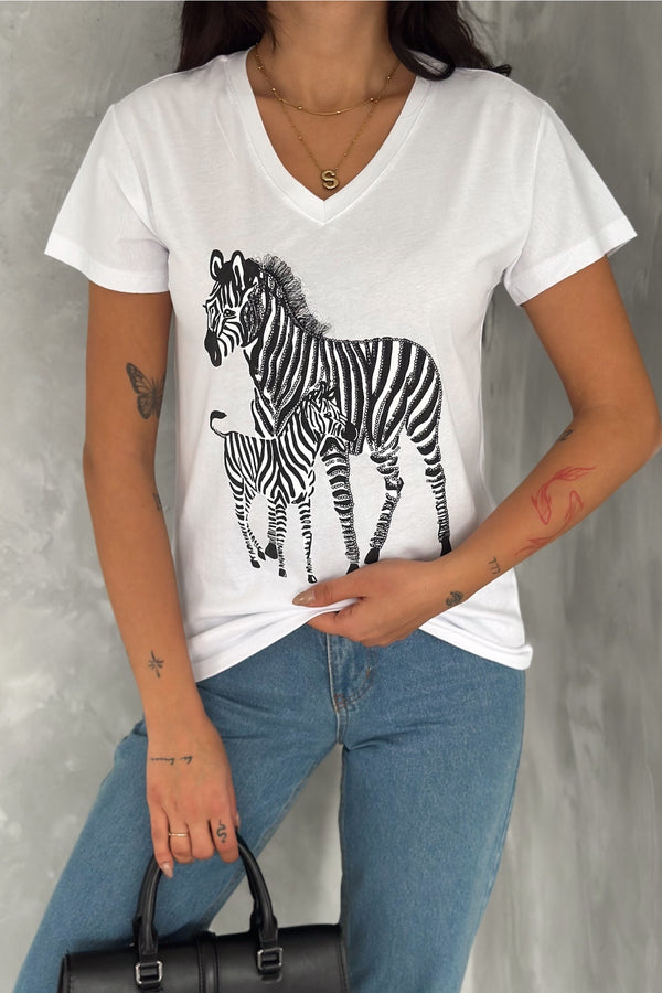 Kadın V Yaka Zebra Desen Pul Payet İşlemeli %100 Pamuk Tişört - Beyaz