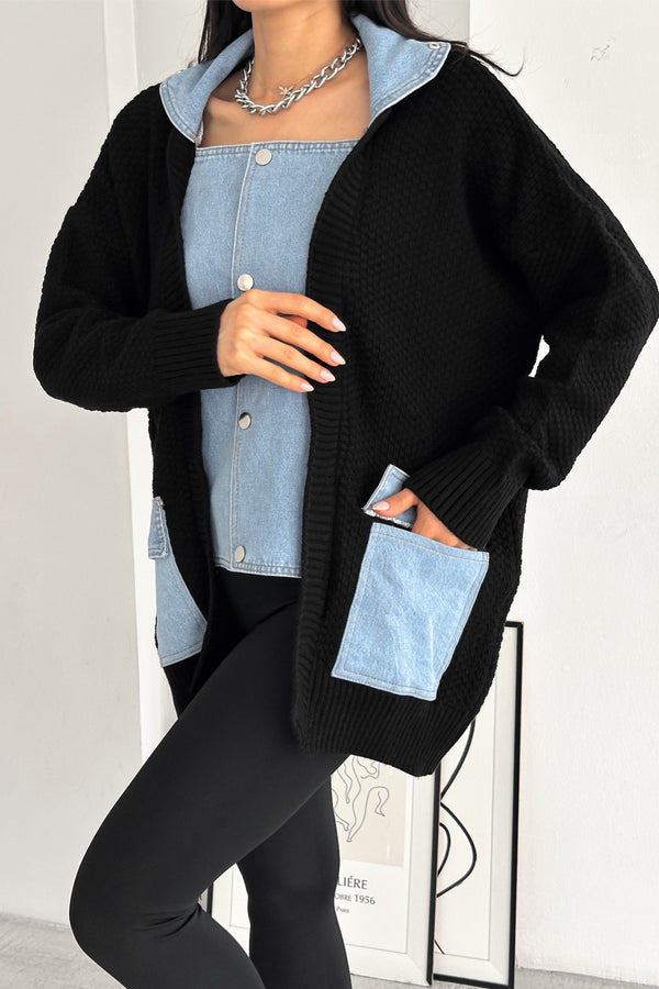 Kadın Standart Beden Çıtçıt Düğmeli Çift Cepli Kot Denim Detaylı Tasarım Oversize Triko Hırka - Siyah