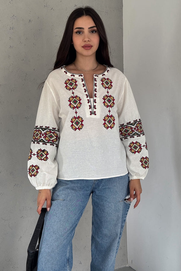 Kadın Bilekleri Lastikli Balon Kol Vintage Nakış İşlemeli Pamuklu Bluz - Ekru