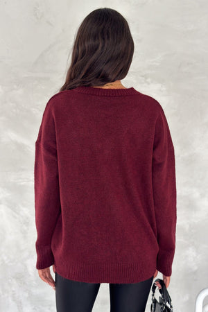 Kadın V Yaka Standart Beden Oversize Basic Triko Kazak - Bordo
