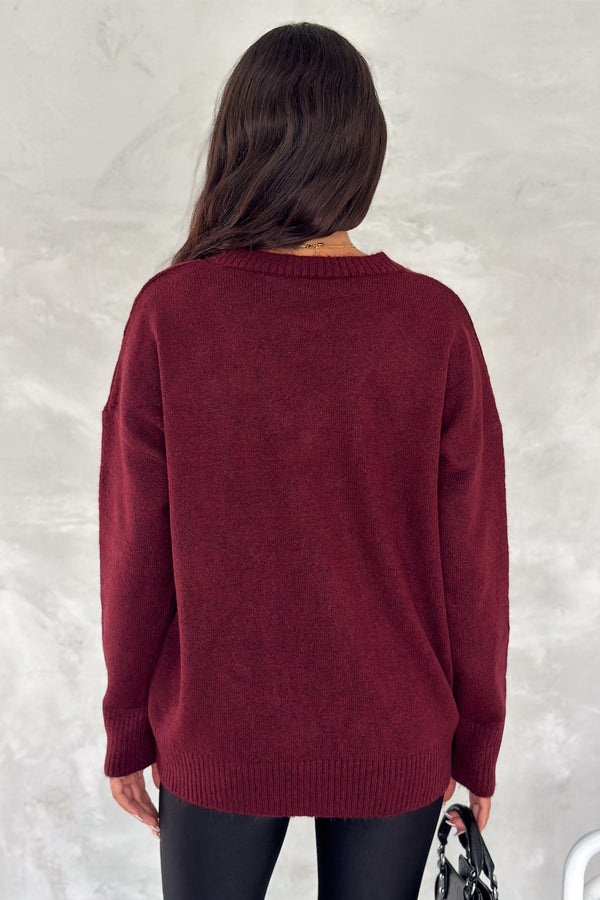 Kadın V Yaka Standart Beden Oversize Basic Triko Kazak - Bordo