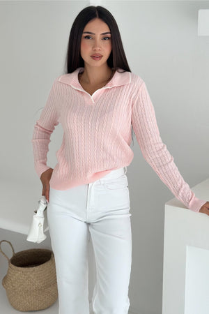 Kadın Polo Yaka Standart Beden Triko Bluz - Pembe