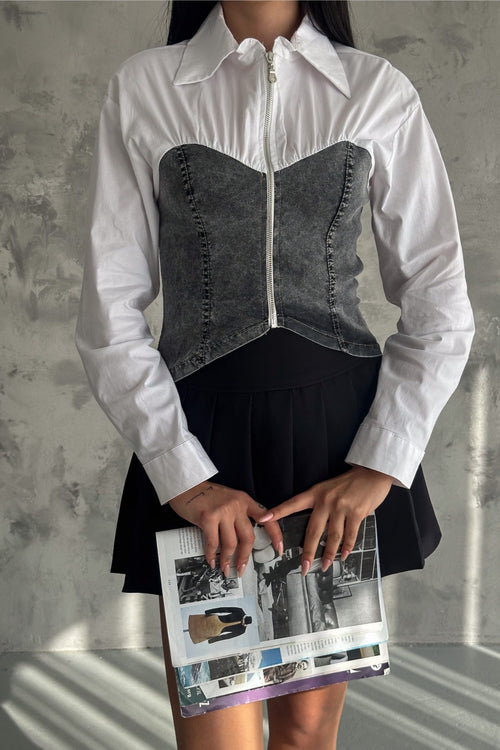 Kadın Denim Kot Detaylı Fermuarlı Crop Gömlek - Antrasit