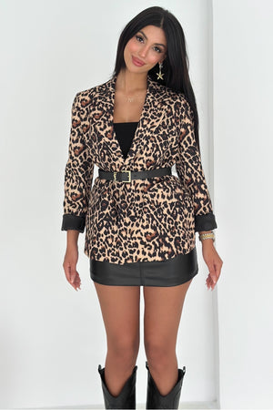 Leopar Desenli Blazer Ceket Vatkalı İçi Astarlı - Kahverengi