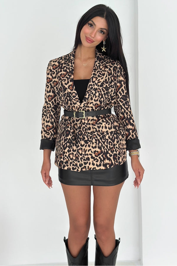 Leopar Desenli Blazer Ceket Vatkalı İçi Astarlı - Kahverengi