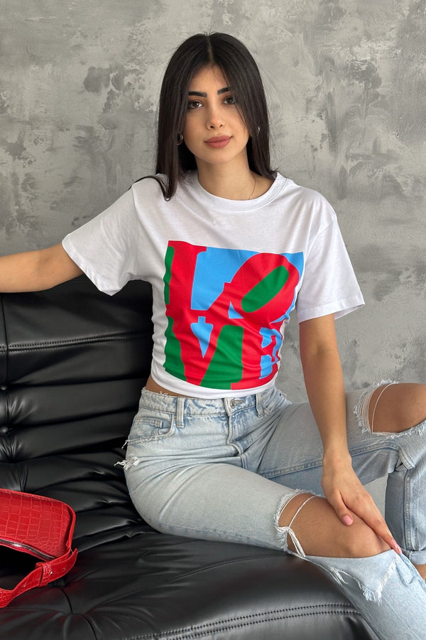 Kadın Love Baskılı Pamuk Tişört - Beyaz