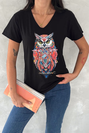 Kadın V Yaka Baykuş Pul Payet İşlemeli %100 Pamuk T-Shirt - Siyah