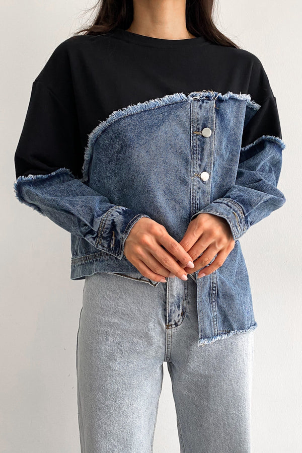 Asimetrik Düğmeli Kot Detaylı Tasarım Sweatshirt - Lacivert