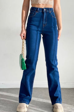 Kadın Likralı Ispanyol Paça Jeans Kot Pantolon - Koyu Mavi