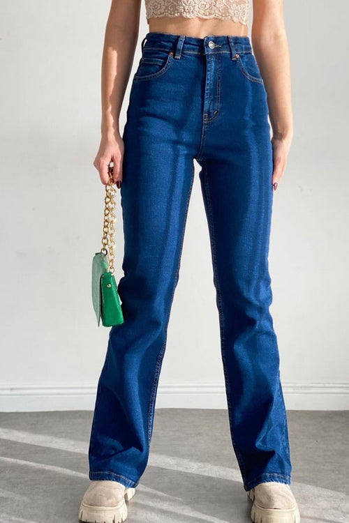 Kadın Likralı Ispanyol Paça Jeans Kot Pantolon - Koyu Mavi