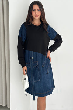 Kadın Sweat Denim Patchwork Elbise Oversize Cepli Büzgülü %100 Pamuk Spor Elbise - Lacivert