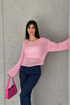 Kadın Standart Beden Uzun Kollu Ajurlu Salaş Delikli File Bluz - Pembe