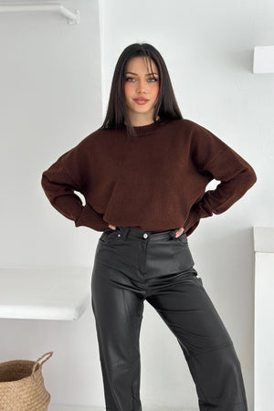 Kadın Standart Beden Oversize Triko Kazak - Kahverengi