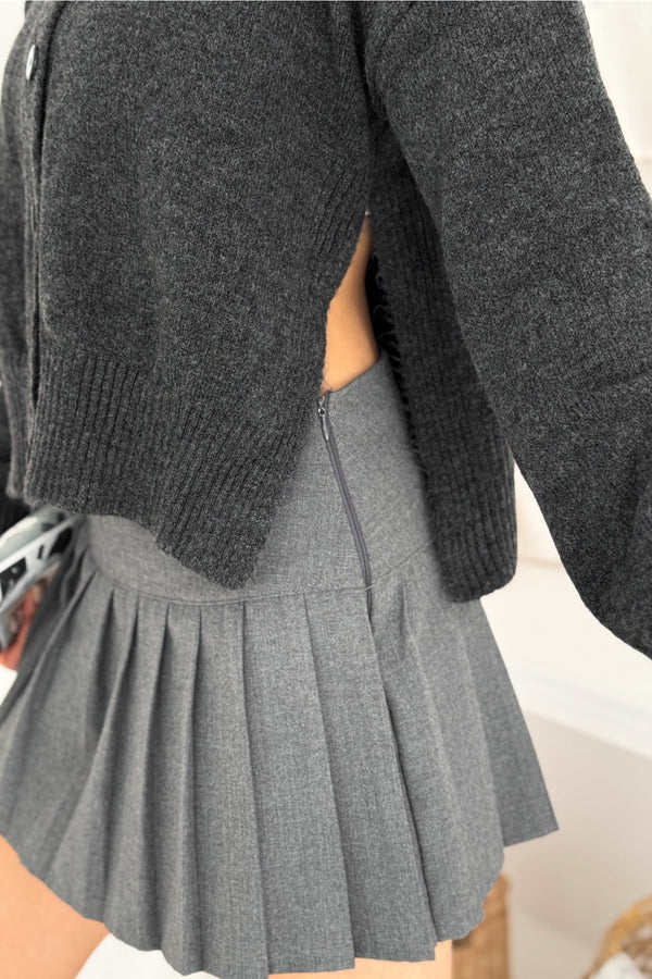 Yanı Yırtmaçlı Düğmeli Oversize Triko Hırka Standart Beden - Antrasit