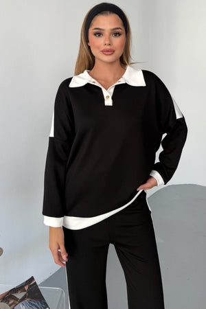 Modal Kumaş Pamuklu İkili Takım - Alt Üst Takım Düğmeli Yaka - Siyah