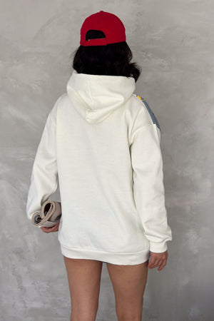 Kadın Kot Detaylı İçi Pamuklu Kapüşonlu Sweatshirt - Beyaz