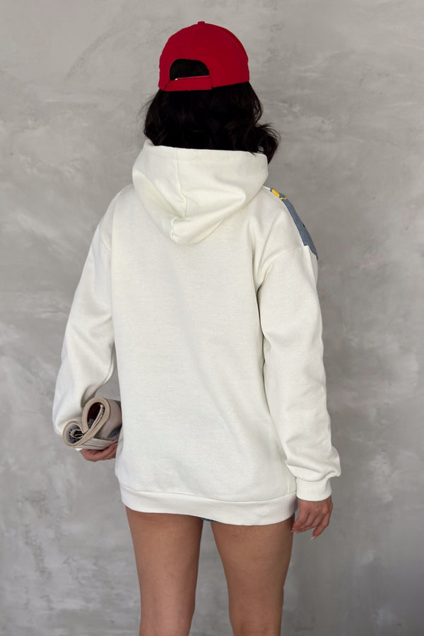 Kadın Kot Detaylı İçi Pamuklu Kapüşonlu Sweatshirt - Beyaz