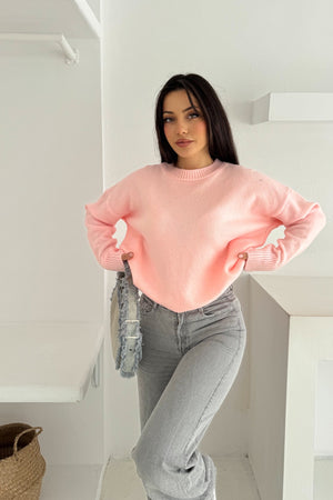 Kadın Standart Beden Oversize Basic Triko Kazak - Pembe