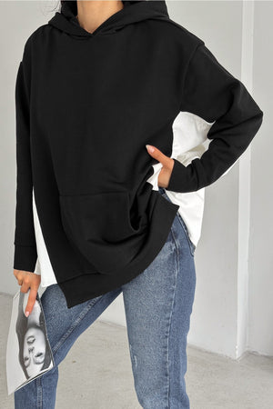 Kadın Standart Beden Oversize Kalıp Cepli Tasarım Sweatshirt - Siyah