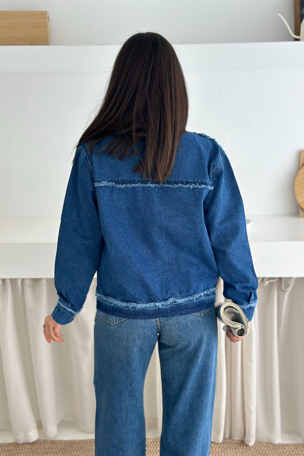 Kadın Saçaklı Dikiş Detaylı Oversize Denim Kot Ceket - Mavi