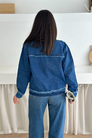 Kadın Saçaklı Dikiş Detaylı Oversize Denim Kot Ceket - Mavi
