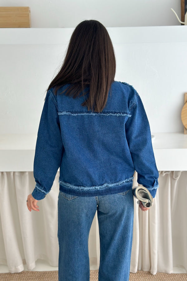 Kadın Saçaklı Dikiş Detaylı Oversize Denim Kot Ceket - Mavi