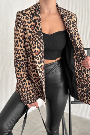 Kadın Leopar Desen Astarlı Blazer Ceket - Kahverengi