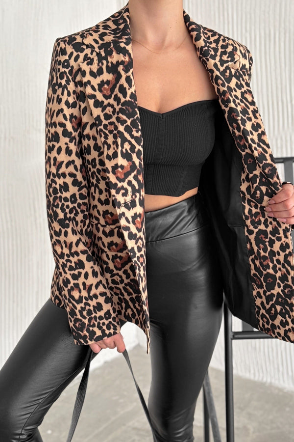 Kadın Leopar Desen Astarlı Blazer Ceket - Kahverengi