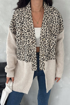Kadın Haki Leopar Desen Standart Beden Triko Detaylı Tasarım Oversize Kot Ceket - Açık Haki