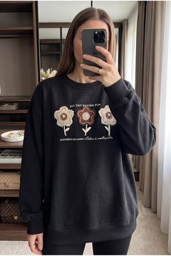 %100 Pamuk Boncuk Ve Nakış İşlemeli Sweatshirt - Siyah