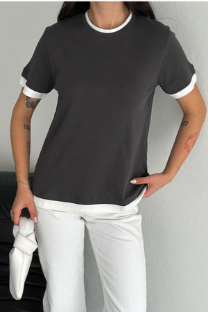 Kadın Antrasit Yuvarlak Yaka Şerit Detaylı %100 Pamuk T-shirt - Gri