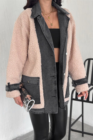 Kadın Standart Beden Kruvaze Yaka Çift Cepli Düğmeli Denim Kot Detaylı Mont - Bej