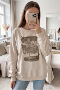 %100 Pamuk Boncuk Ve Pul İşlemeli Sweatshirt - Bej