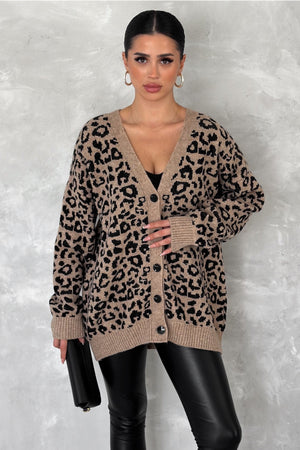 Kadın Leopar Desen Oversize Triko Hırka - Kahverengi
