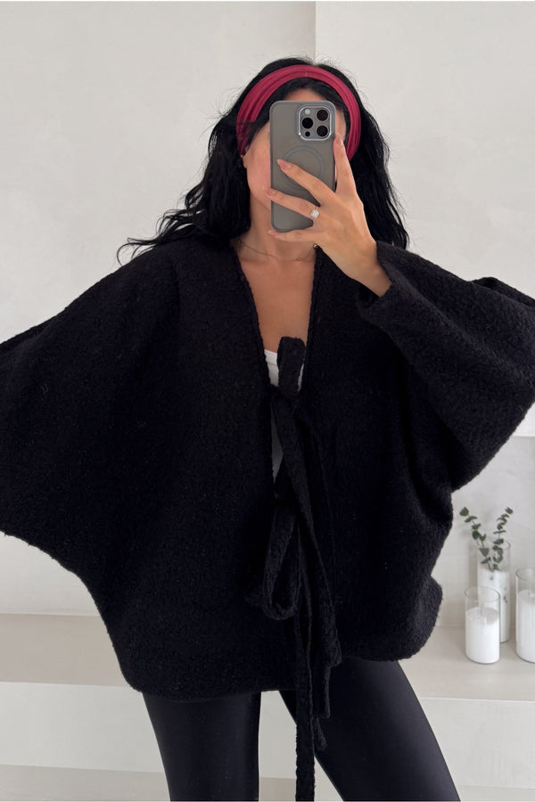 Bürümcük Bağlamalı Oversize Hırka Yarasa Kol Standart Beden - Siyah