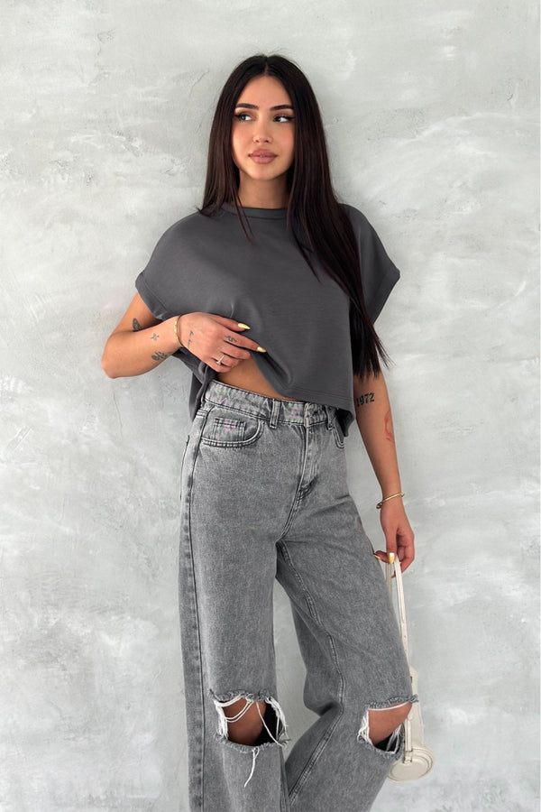 Kadın Yuvarlak Yaka Modal Kumaş Basic T-shirt - Antrasit