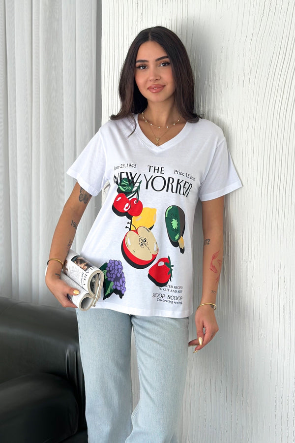 Kadın V Yaka New York Baskılı %100 Pamuk Tişört - Beyaz