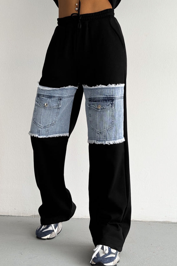 Denim Kot Garnili Cep Detaylı Kapüşonlu Alt-Üst Takım - Siyah