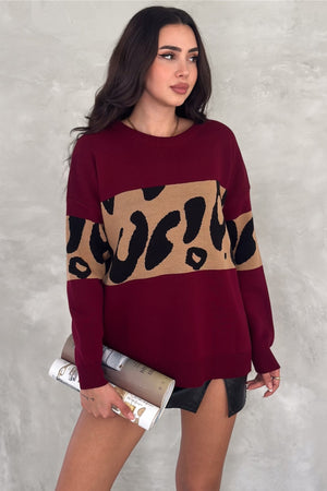 Kadın Standart Beden Leopar Desen Oversize Triko Kazak - Bordo