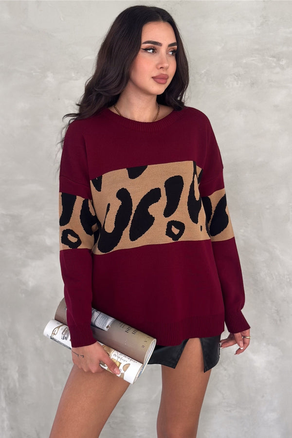 Kadın Standart Beden Leopar Desen Oversize Triko Kazak - Bordo